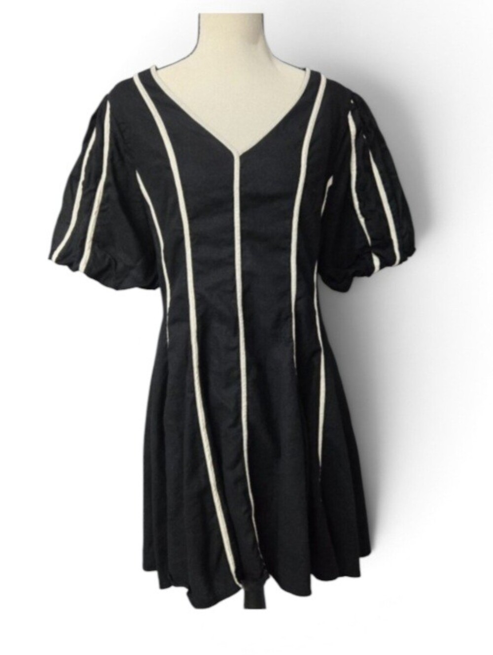 1 STATE Black Piped Short Sleeve Fit & Flare Mini Dress Medium Whimsigoth Chic